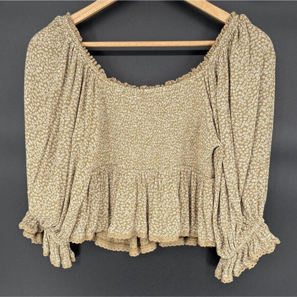 Free People Women's Ditsy Floral Peasant Crop Top XS Olive Green Bohemian Boho - Picture 2 of 7